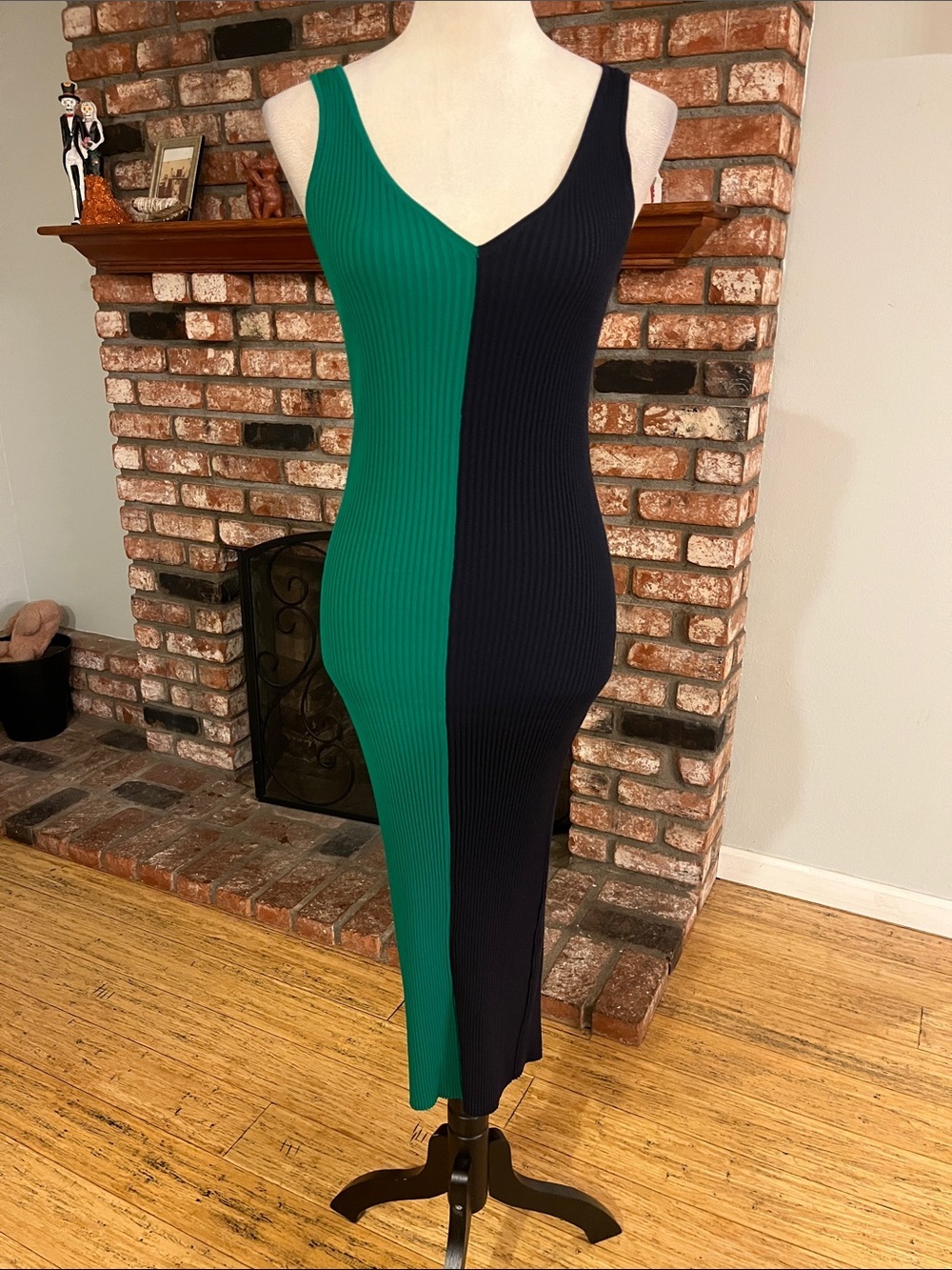 STAUD $195 Dana colorblock ribbed body-con midi dress-Deep and Clover - Picture 2 of 3